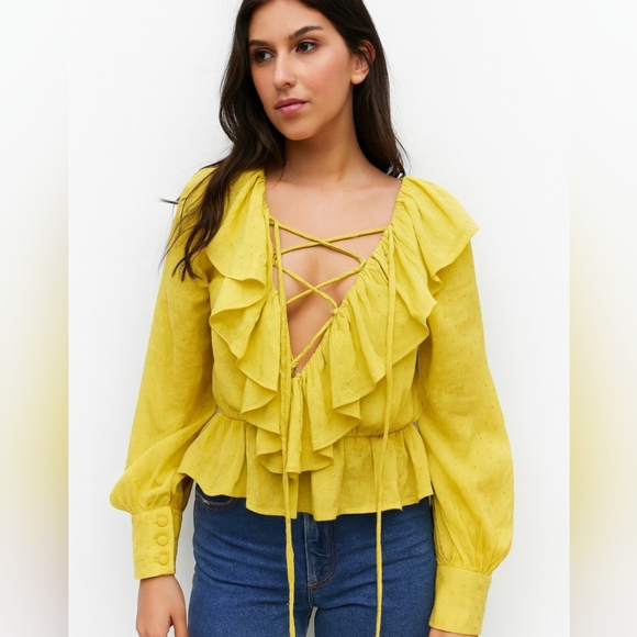 NBD Tops - X by NBD Mustard Long Sleeve Ruffle Lace Up Top